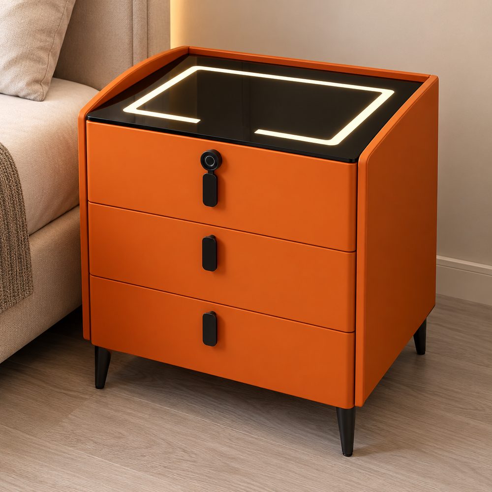 Smart bedside table in orange with a night light on top