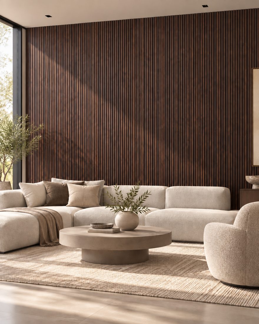 Espresso WPC fluted wall panels in a living room